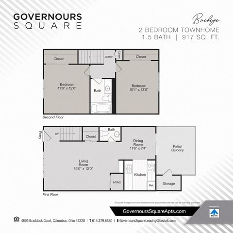 Floor plan for 2 beds, 1.5 baths, 917 sqft